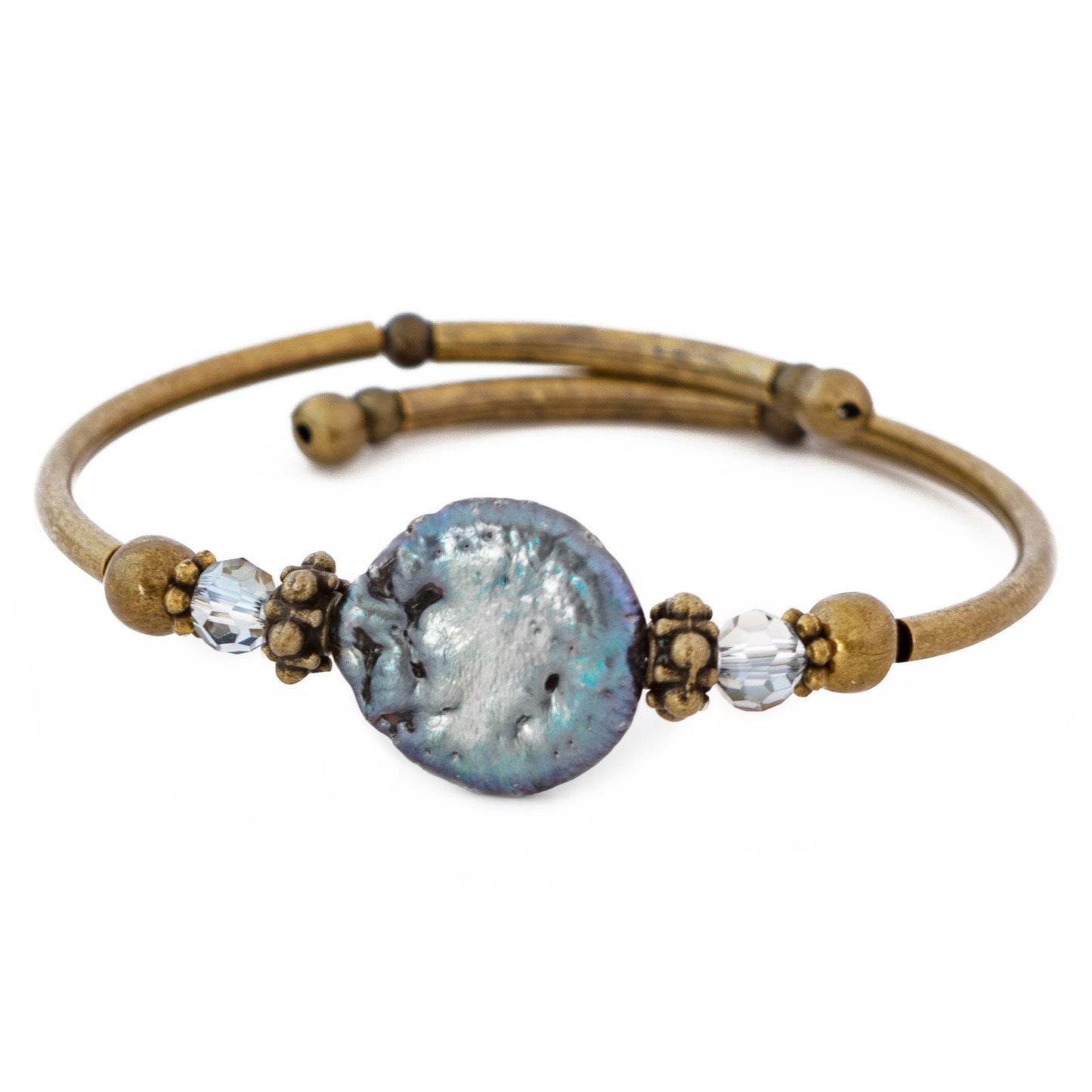 Bracelet with a large blue/gray flat pearl bead and smaller crystal beads on a white background