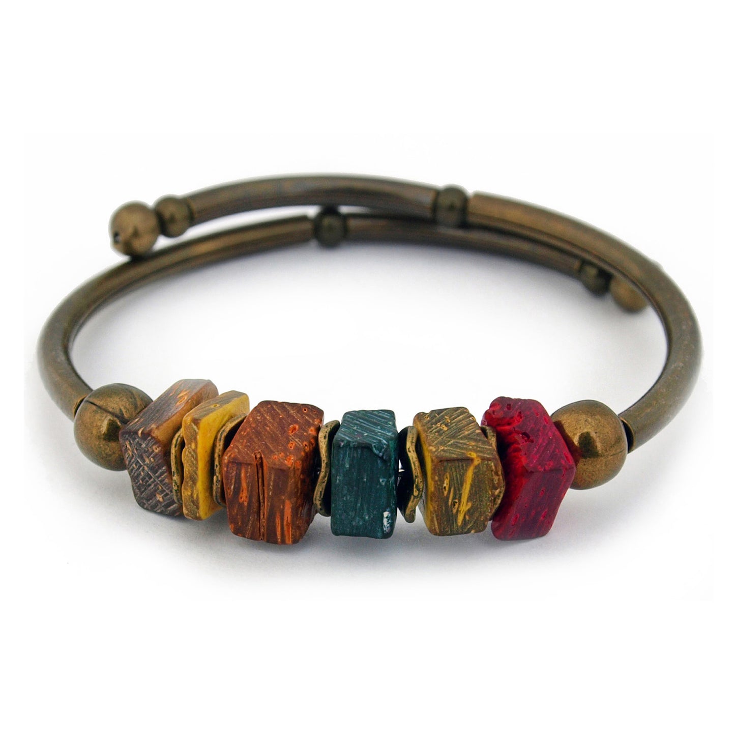 Antique brass Bracelet with multicolored square wood beads on a white background