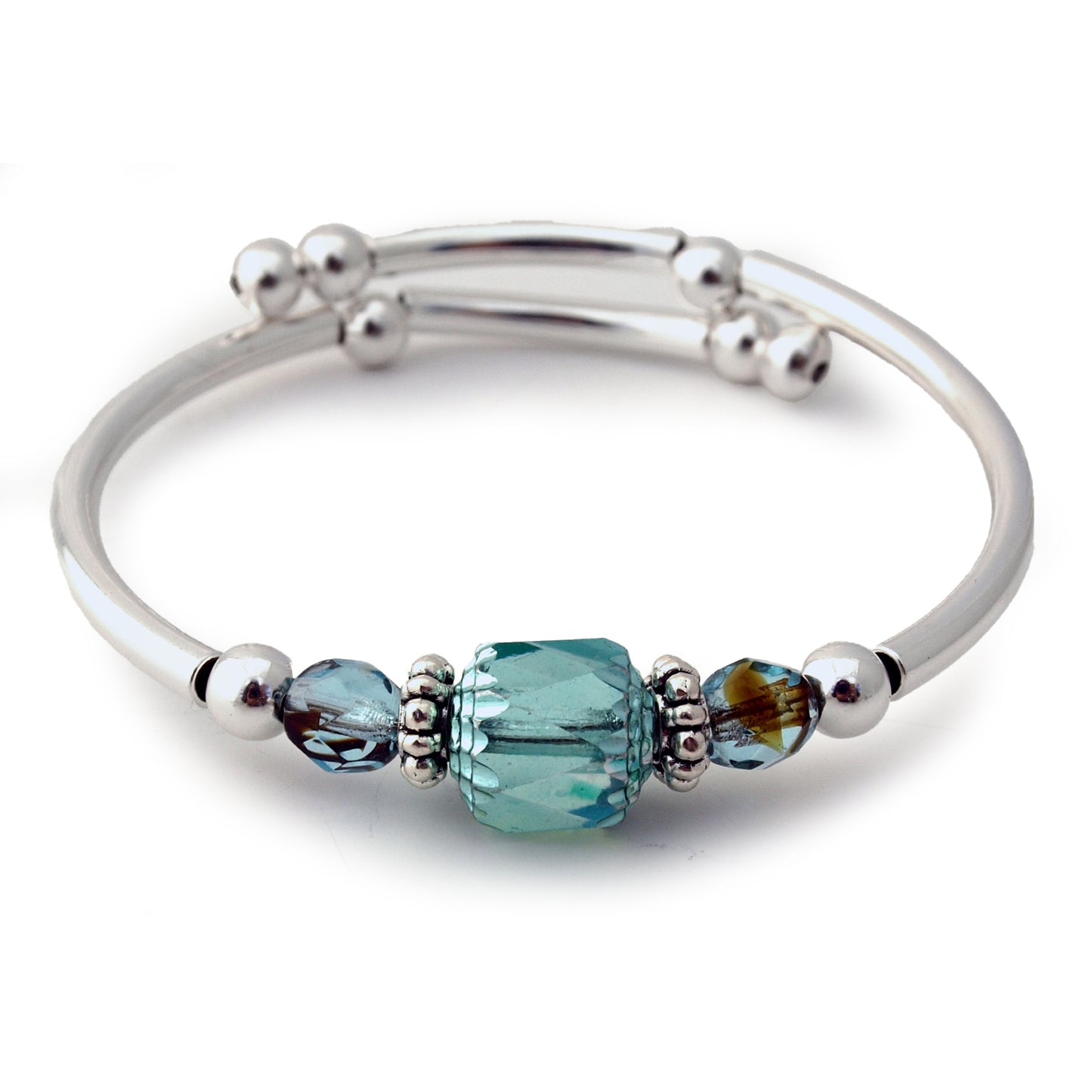 Silver bracelet with blue and brown beads on a white background