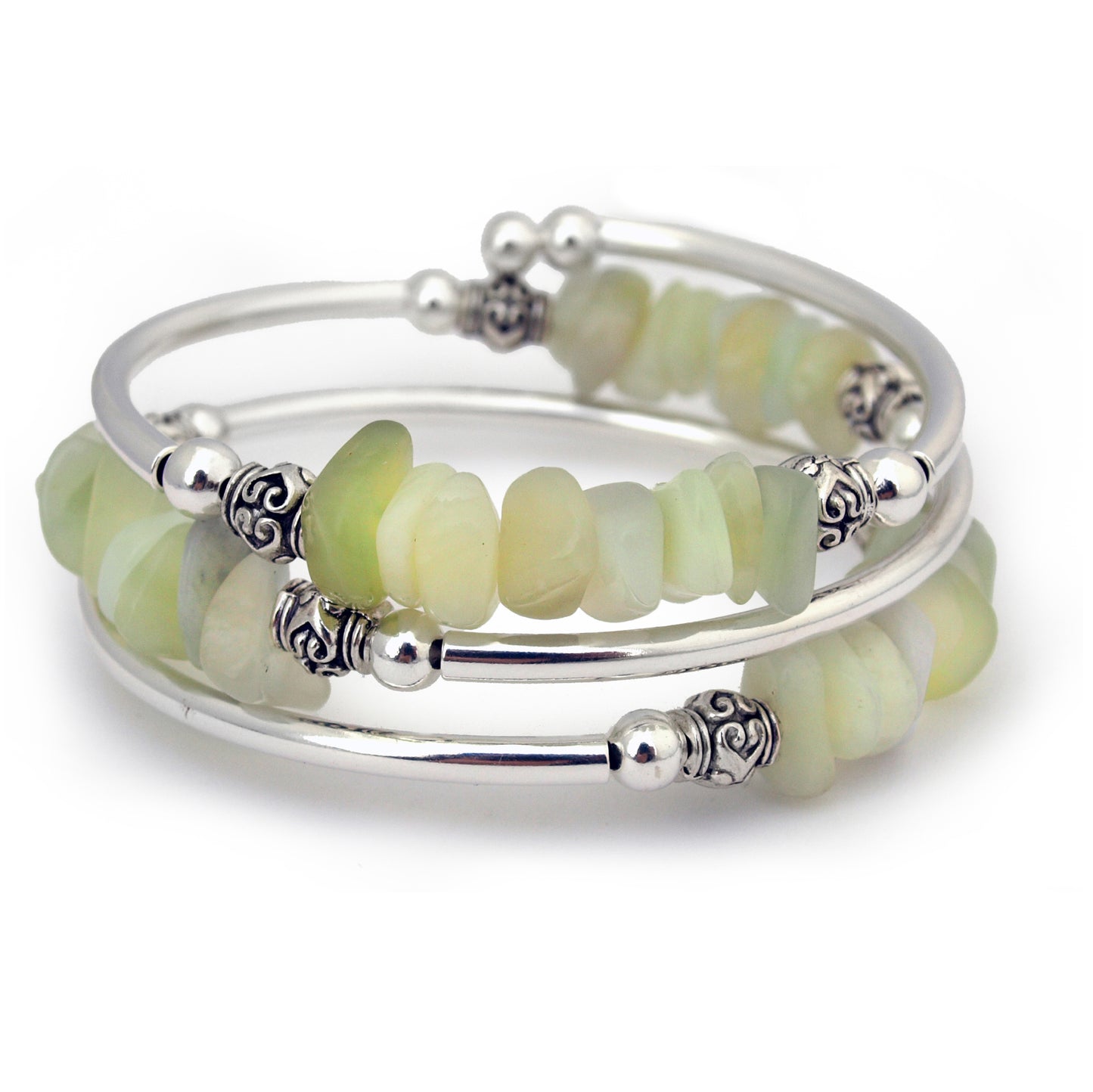 Silver bracelet with light green stone pebbles on white background