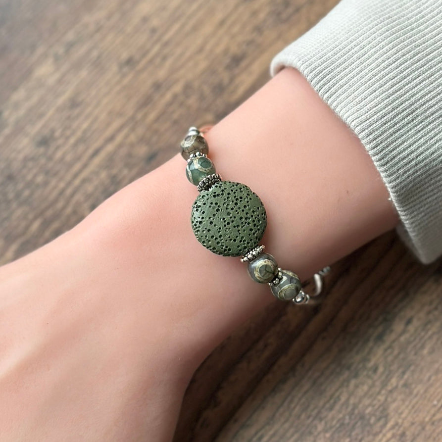 Deep Green Lava Stone Solitaire Bracelet
