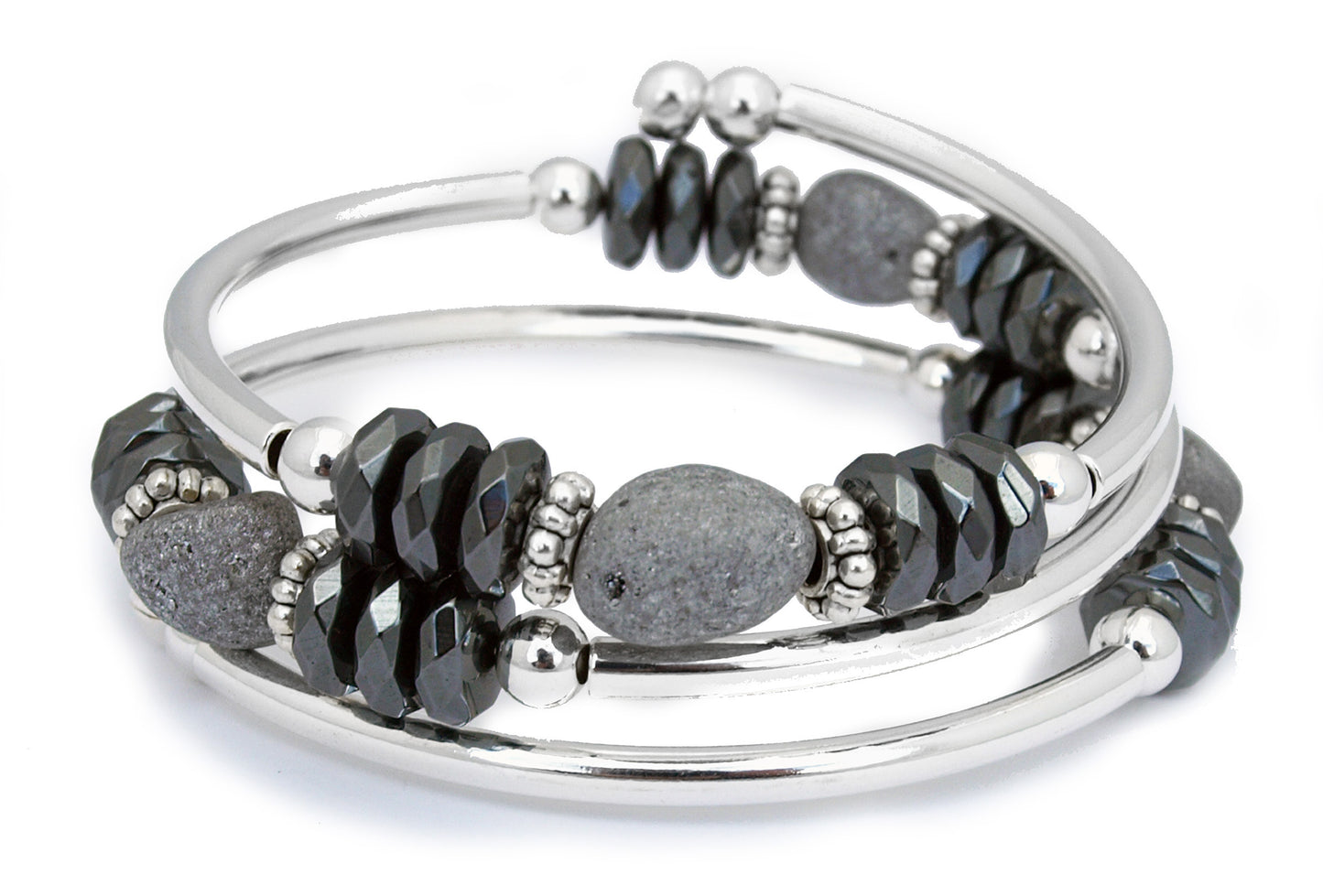 gray electroplated rough druzy stone with 3 faceted hemalyke rondelles on either side, repeated 4 times on a memory wire bracelet.