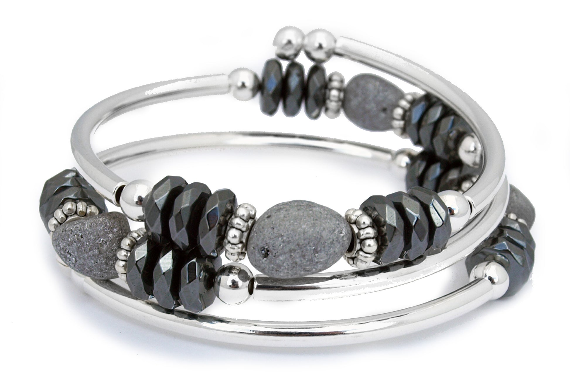 gray electroplated rough druzy stone with 3 faceted hemalyke rondelles on either side, repeated 4 times on a memory wire bracelet.