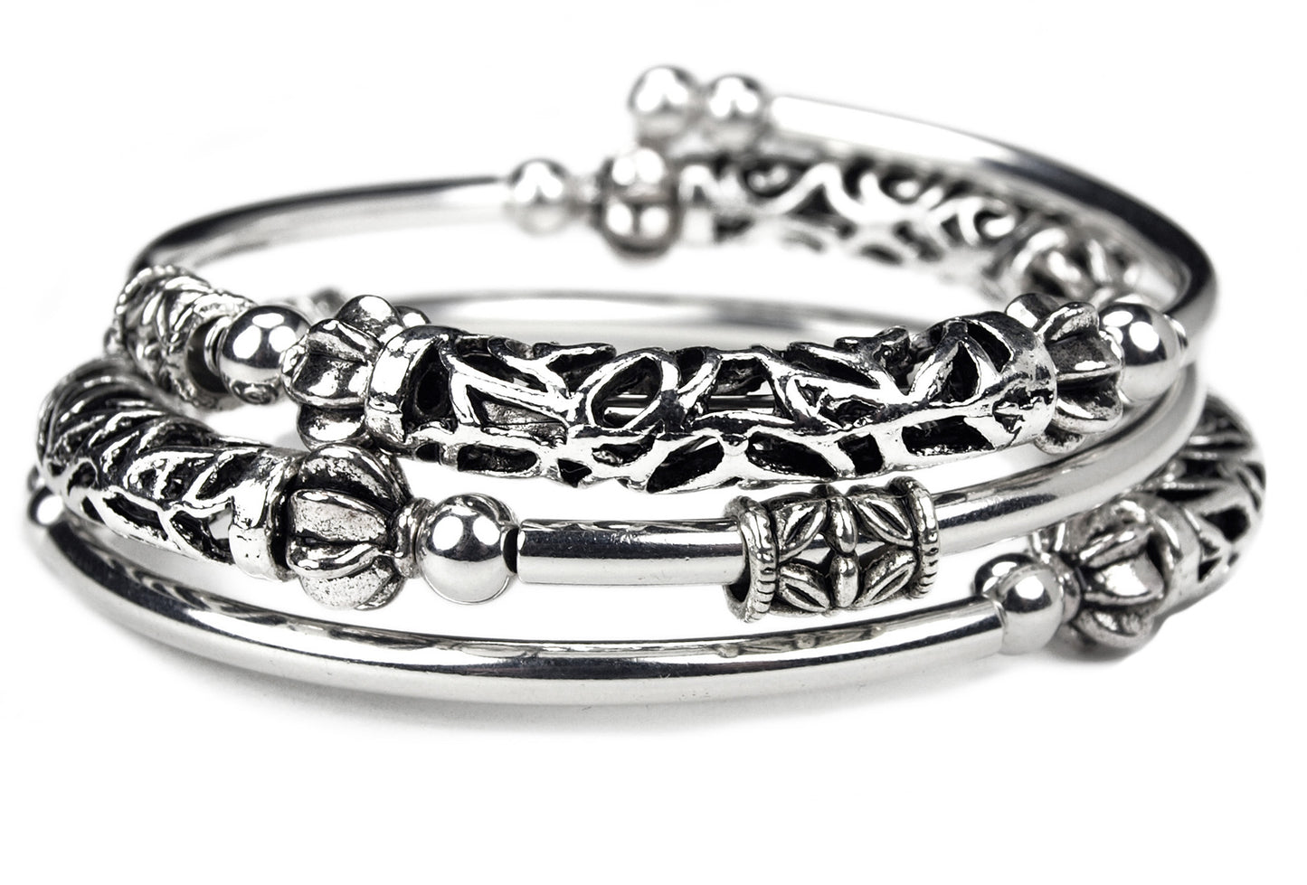 Patricia - Curved Carved Silver Tube Bracelet