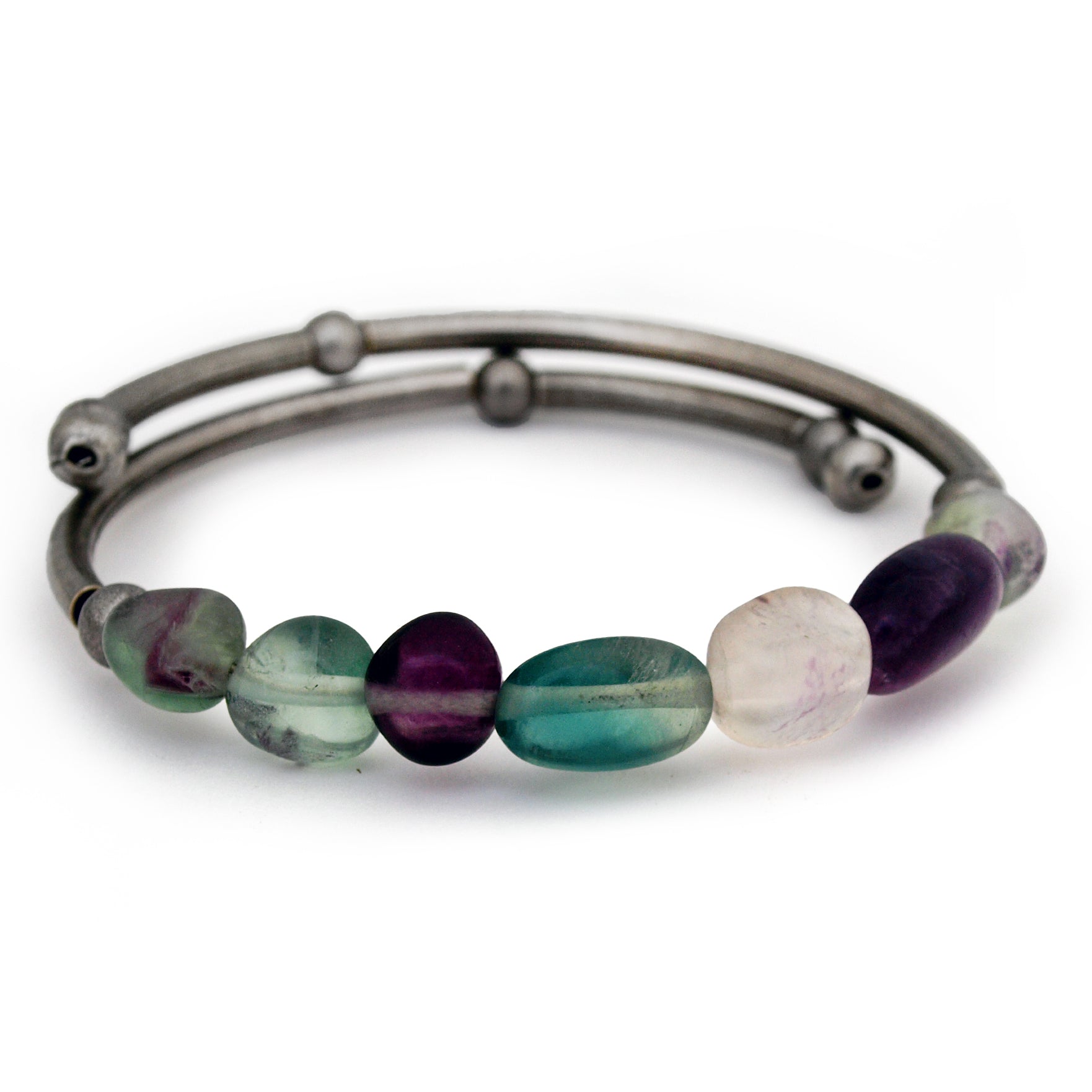 Antique silver beaded bracelet with multicolored Fluorite stones on a white background