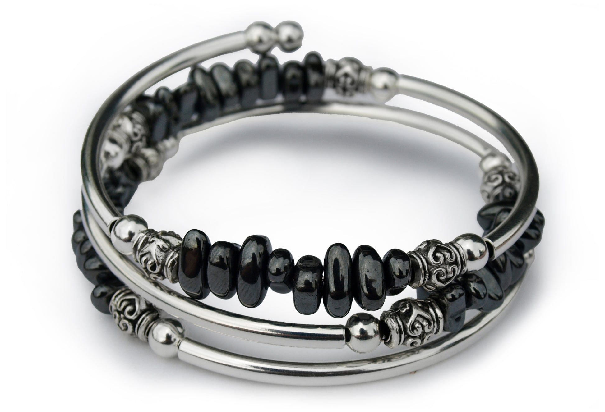 Black pebble bracelet on a white background