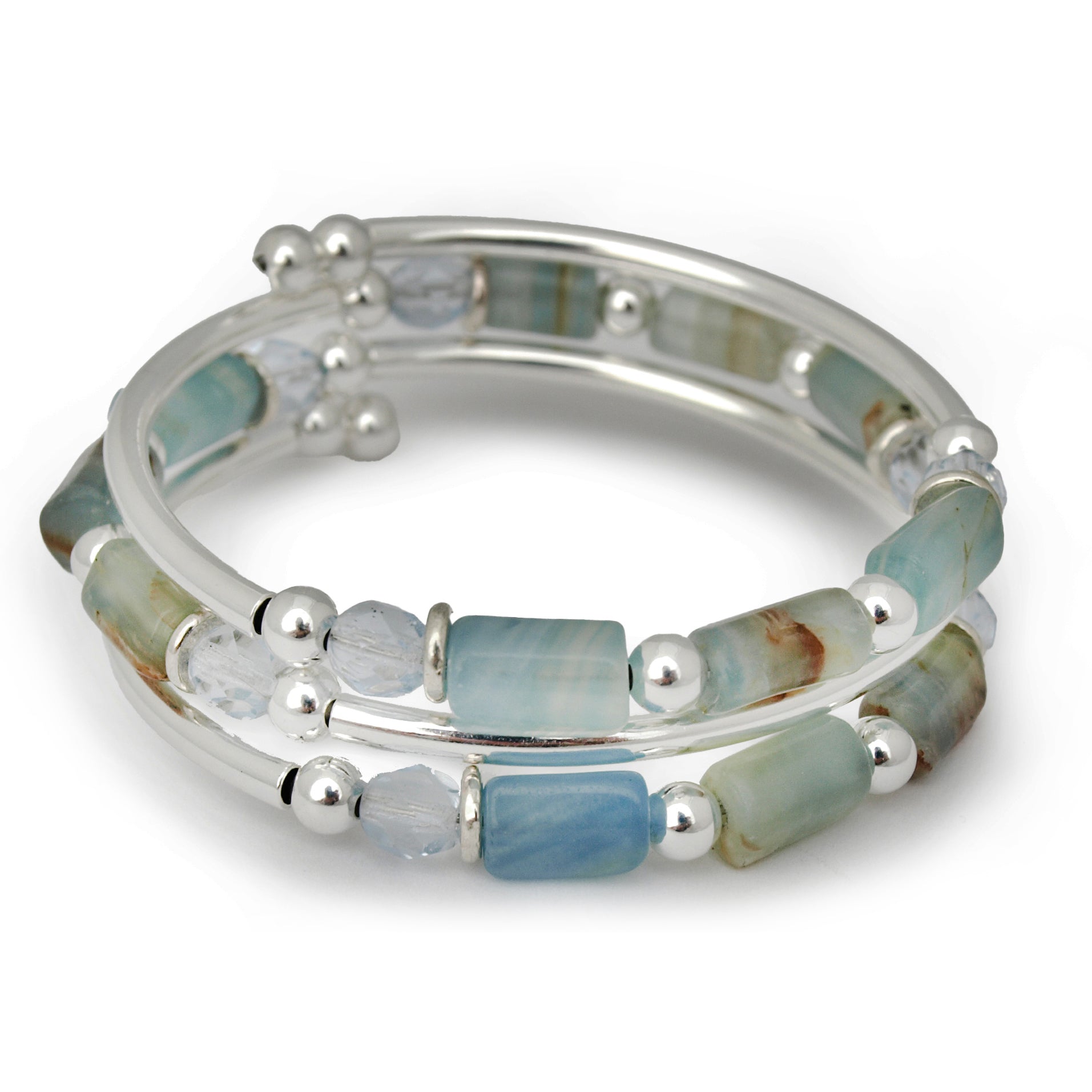 Blue and silver beaded bracelet on white background