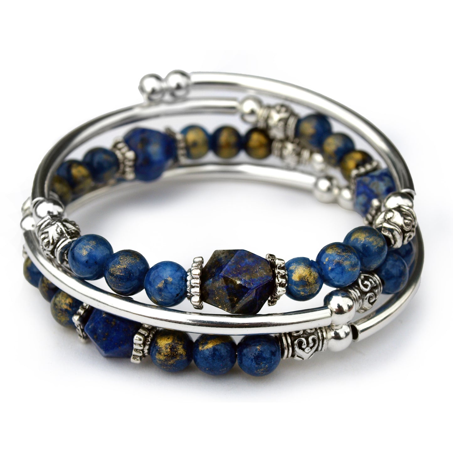 Blue and gold silver bracelet on white background