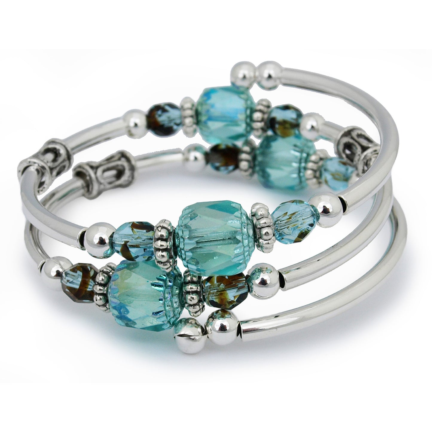 Silver bracelet with faceted turquoise glass beads on a white background