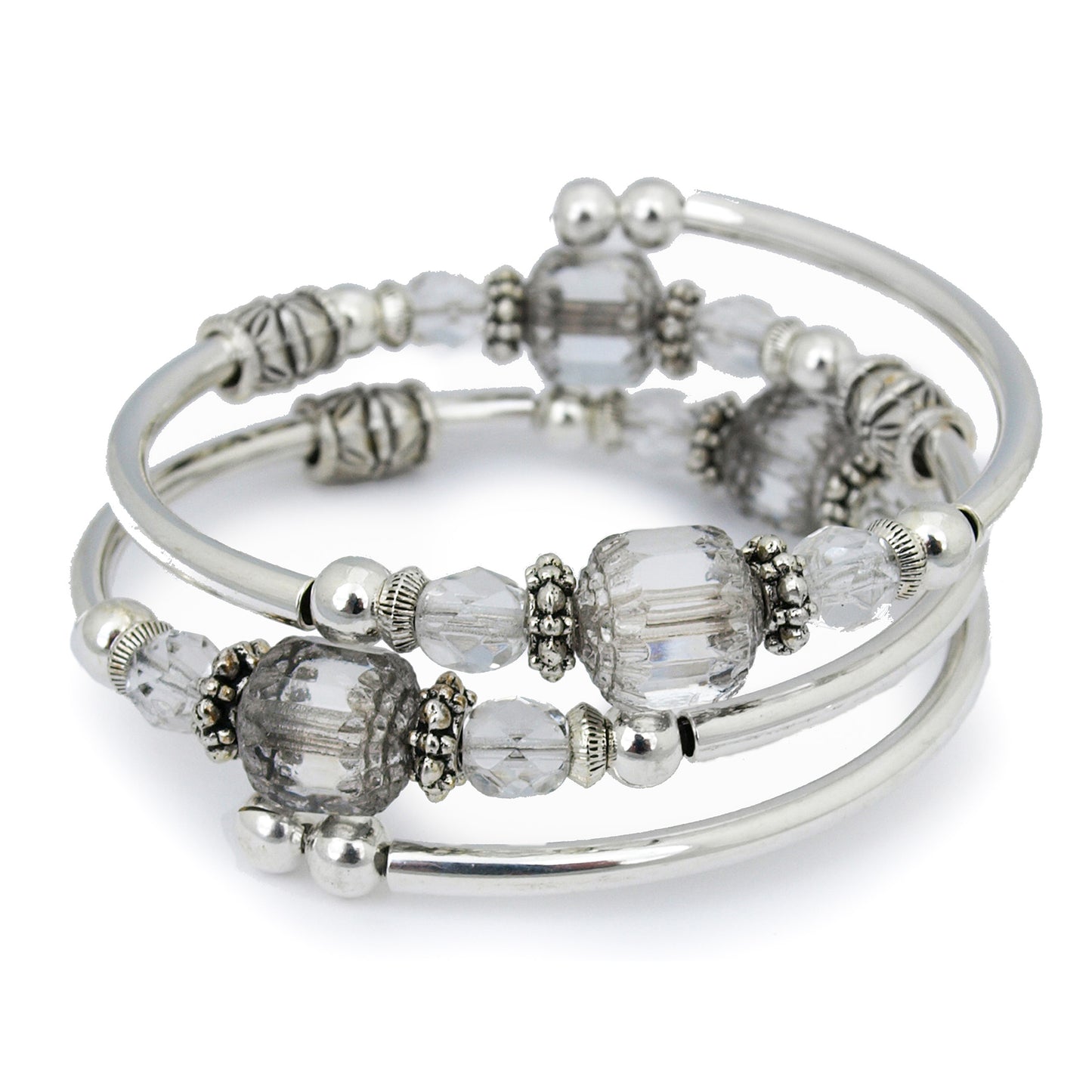 Silver bracelet with clear faceted glass beads on a white background