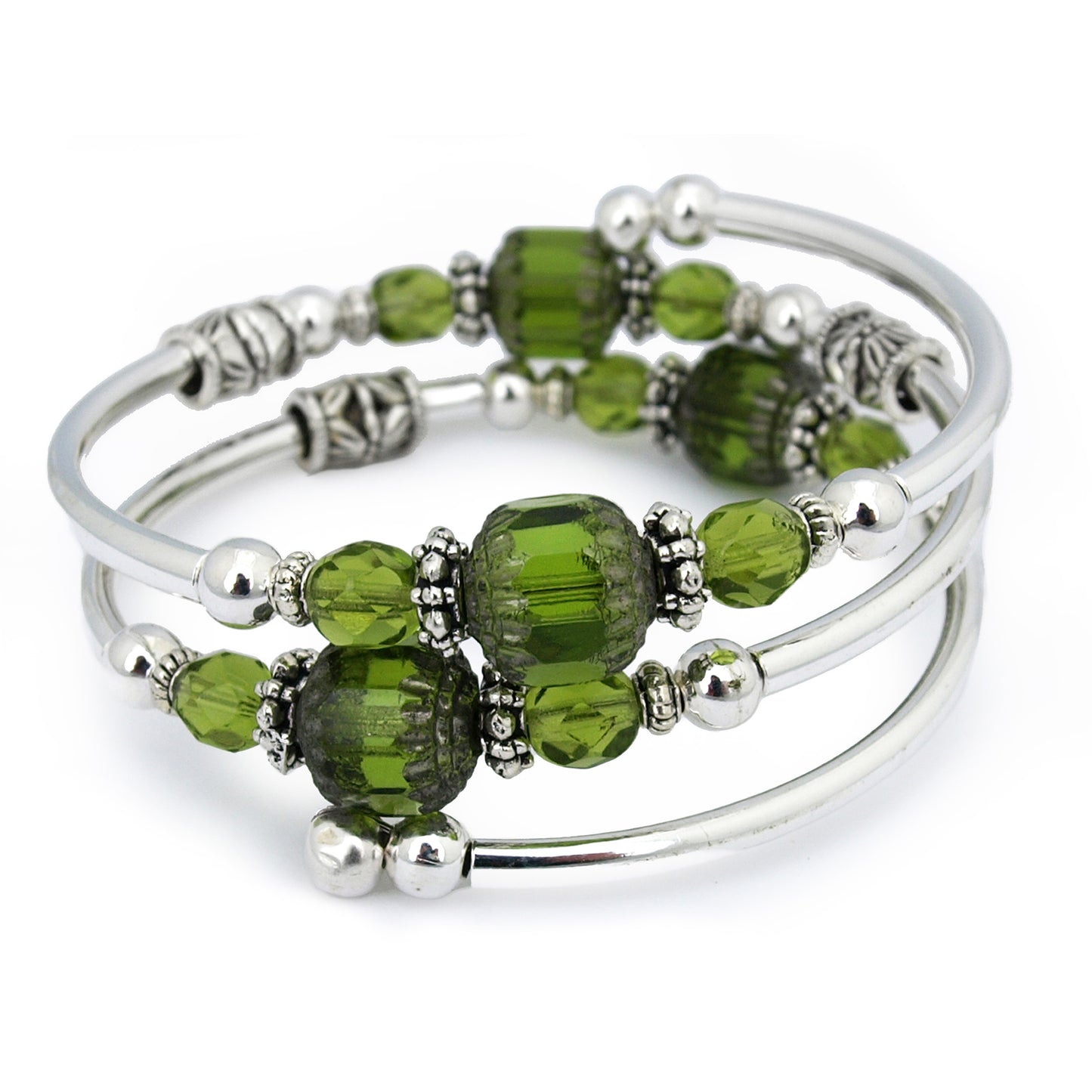 Silver bracelet with green faceted beads on a white background