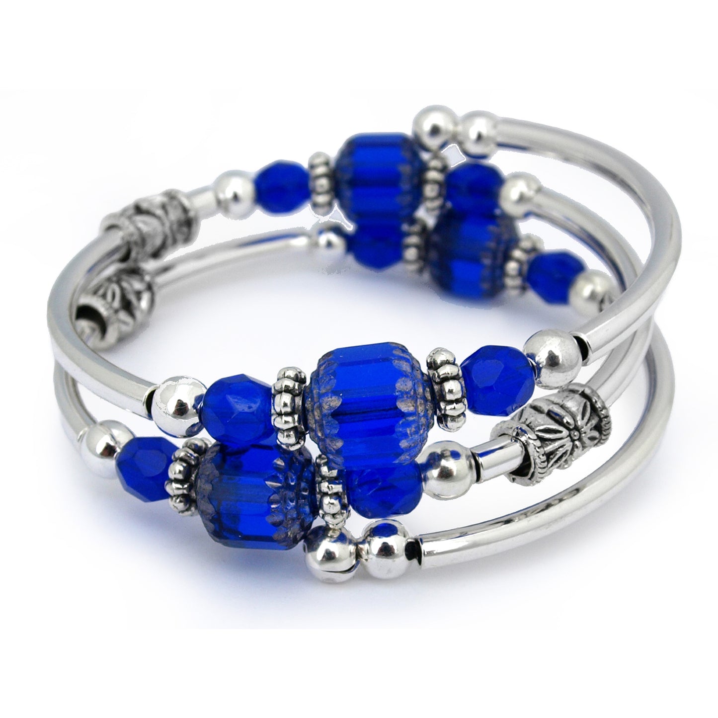 Silver bracelet with blue beads on a white background