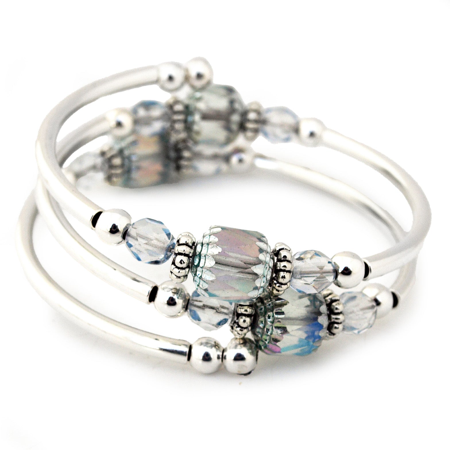 Silver bracelet with soft blue beads on a white background