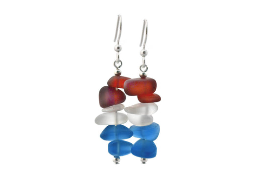Red White and Blue Sea Glass Drop Earrings