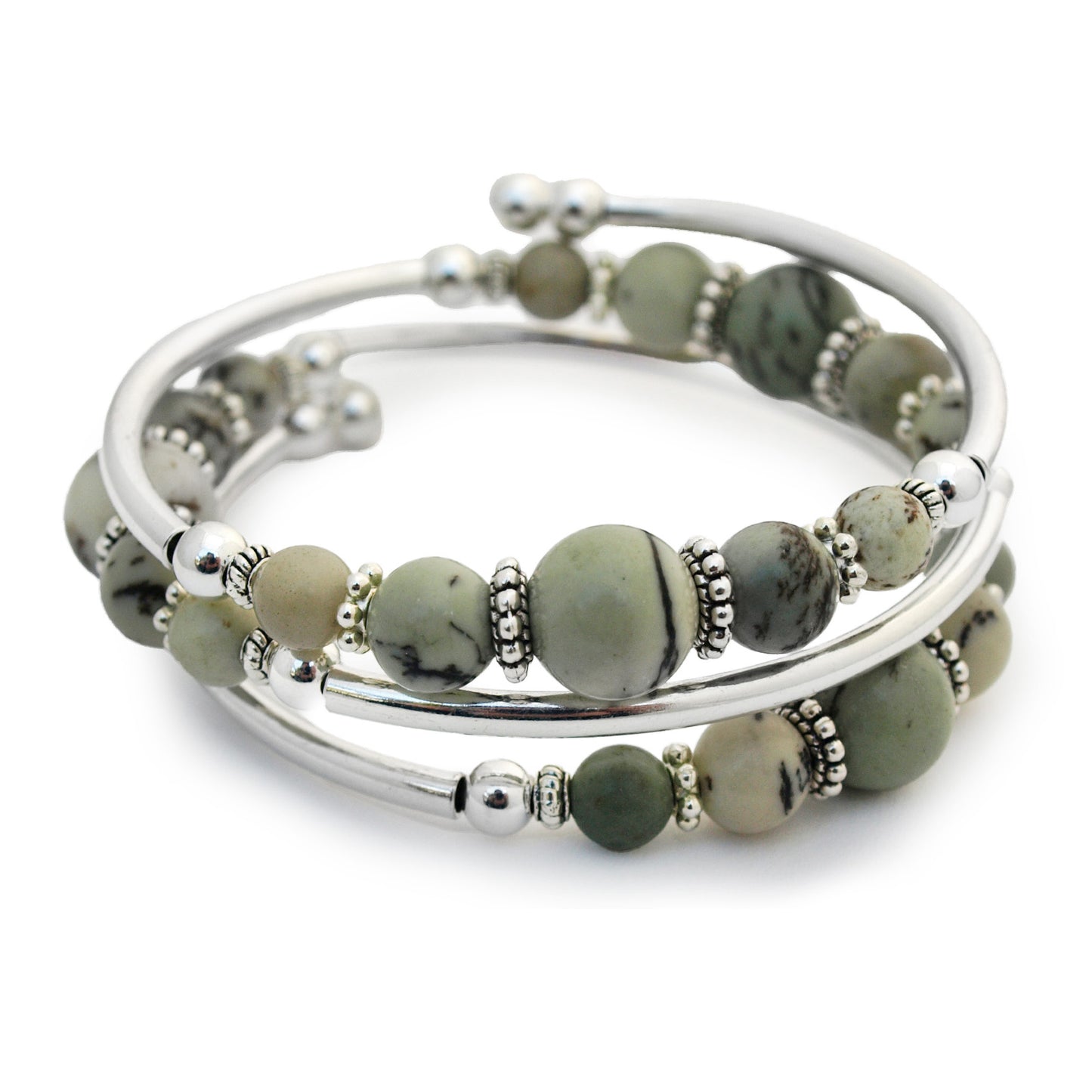 Soft green and silver bracelet on white background 