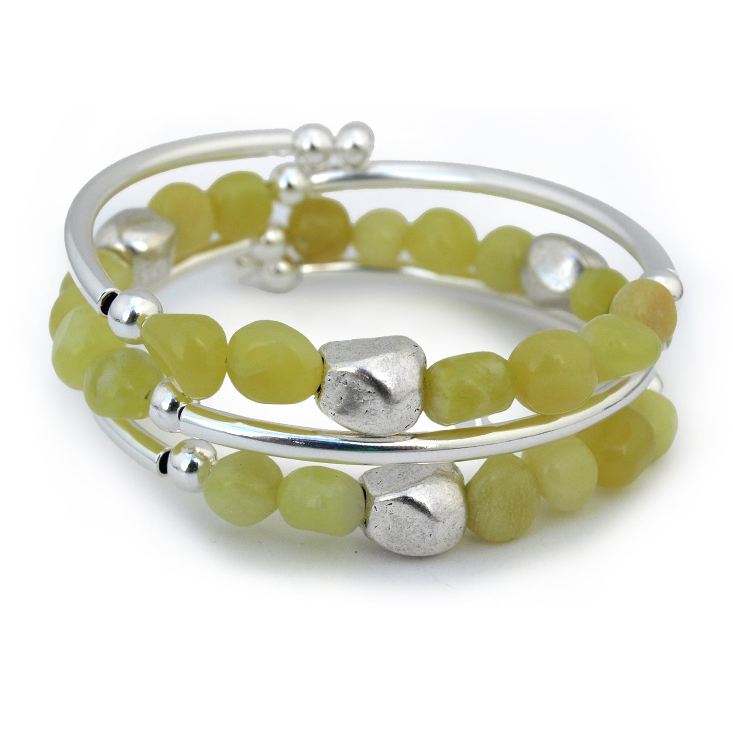 Lime green gemstone nuggets bracelet on white background