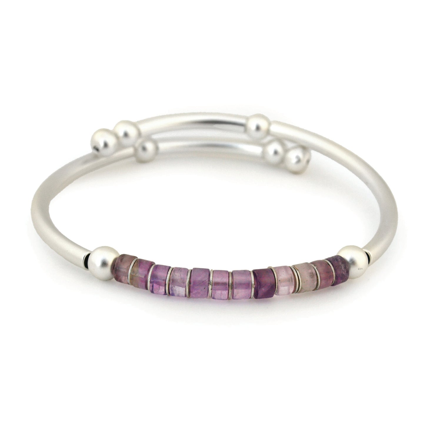 Silver bracelet with Amethyst beads on a white background
