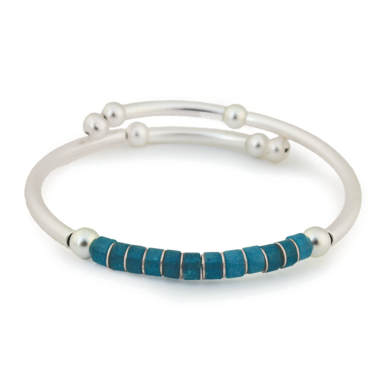 Silver bracelet with blue green Apatite beads on a white background