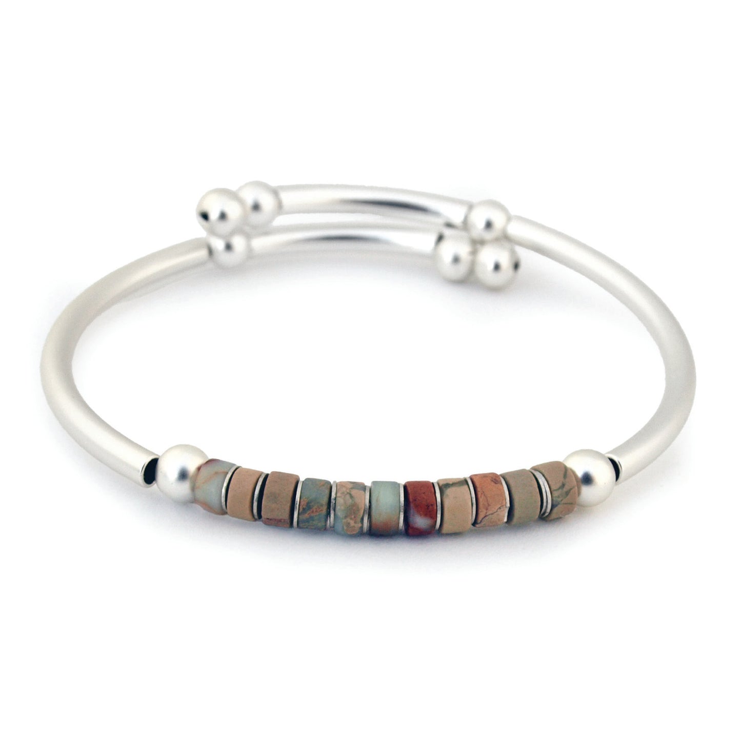Silver bracelet with multicolored beads on a white background