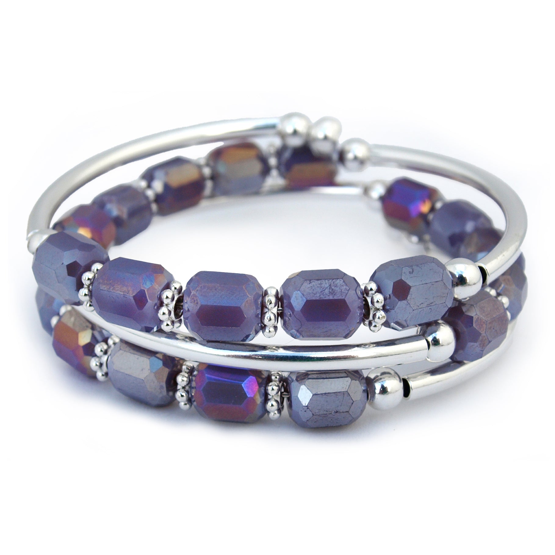 Silver bracelet with purple faceted beads on white