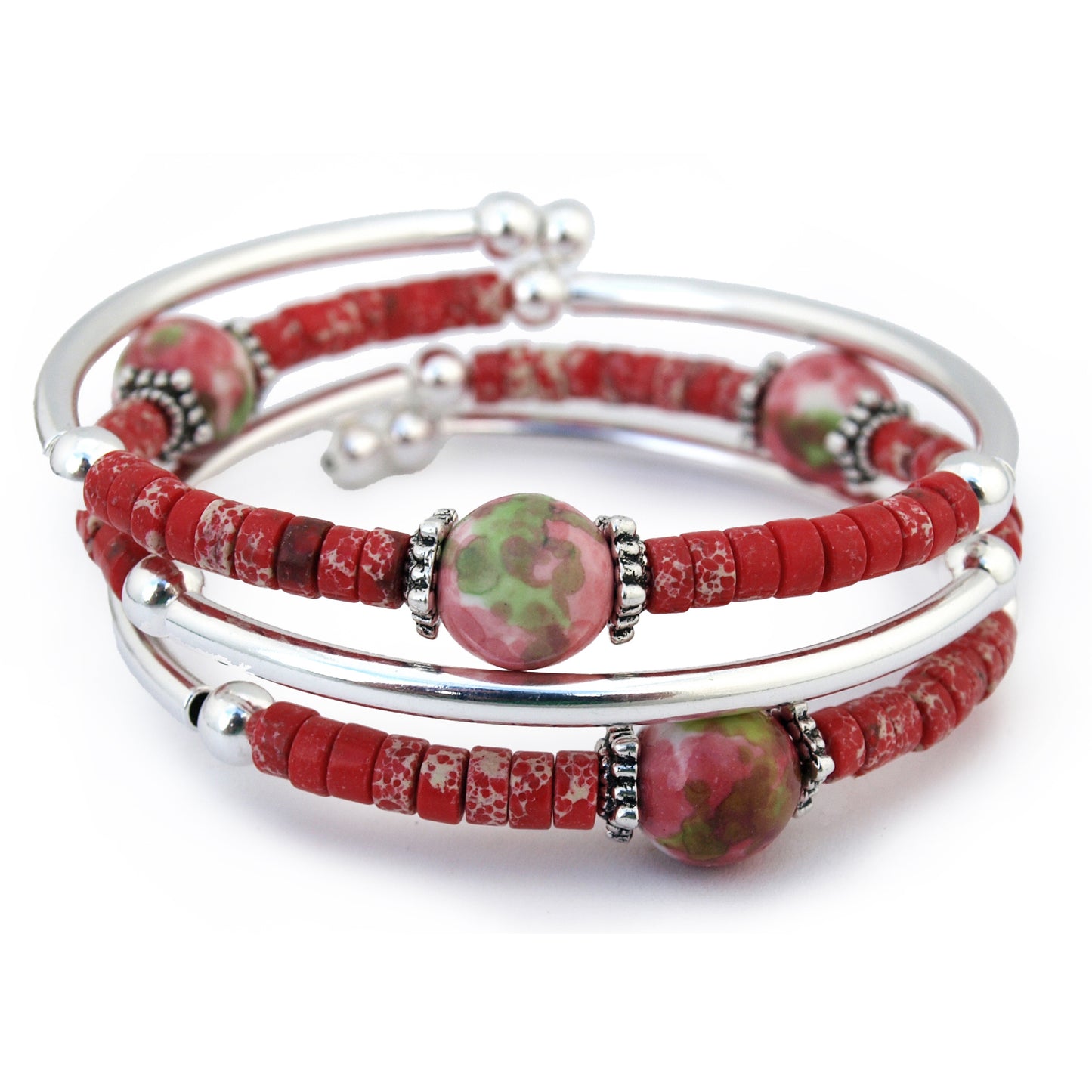 Silver wrap bracelet with coral pink beads on white