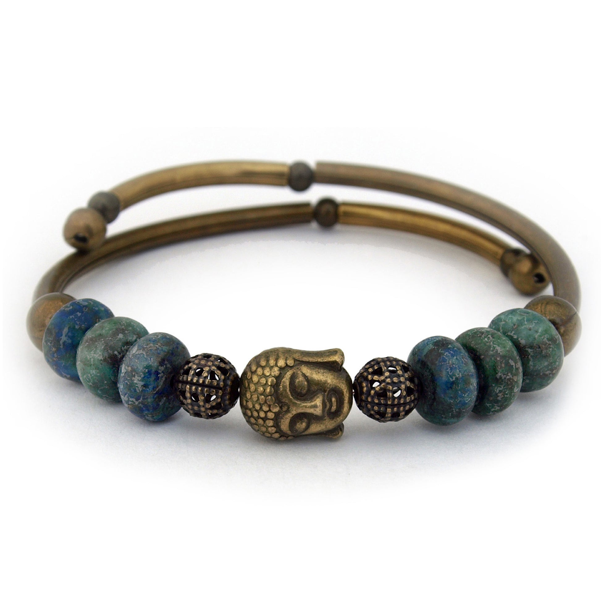 Bracelet with beads and Buddha head charm on a white background