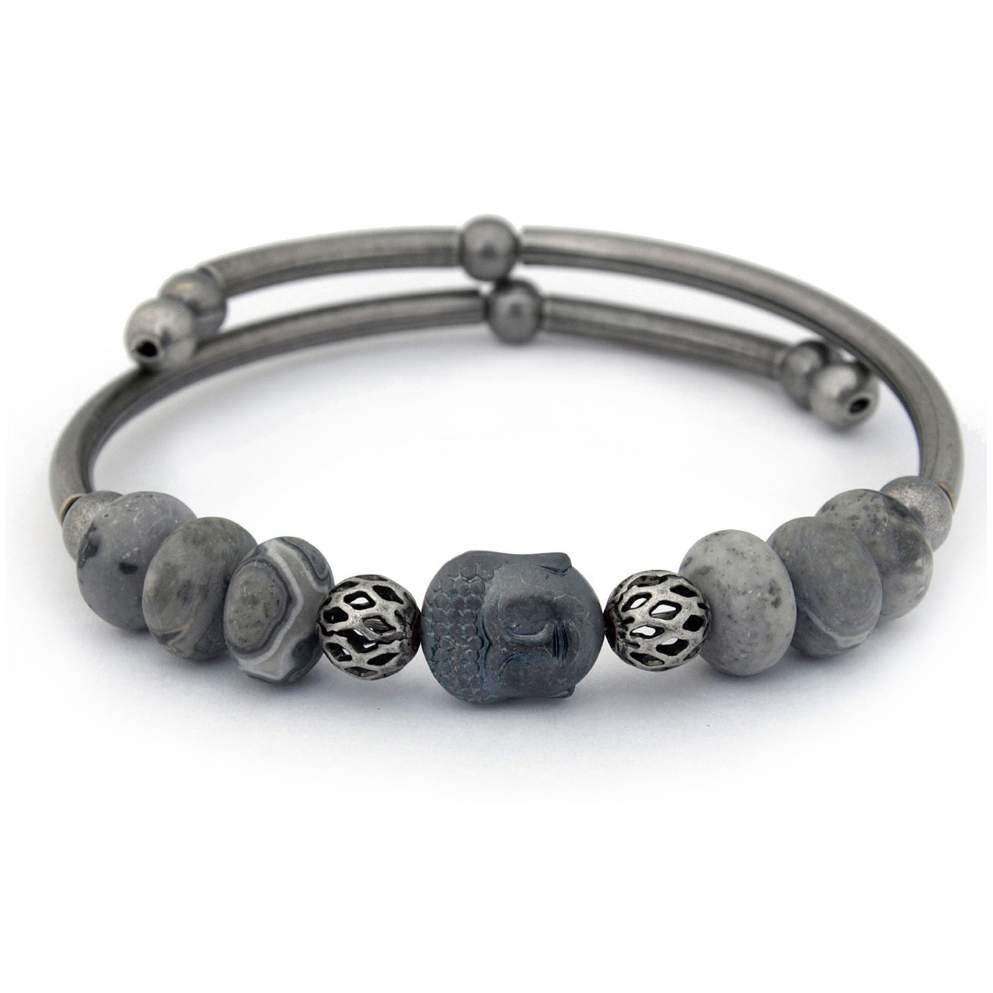 Gray beaded bracelet with metal accents on a white background