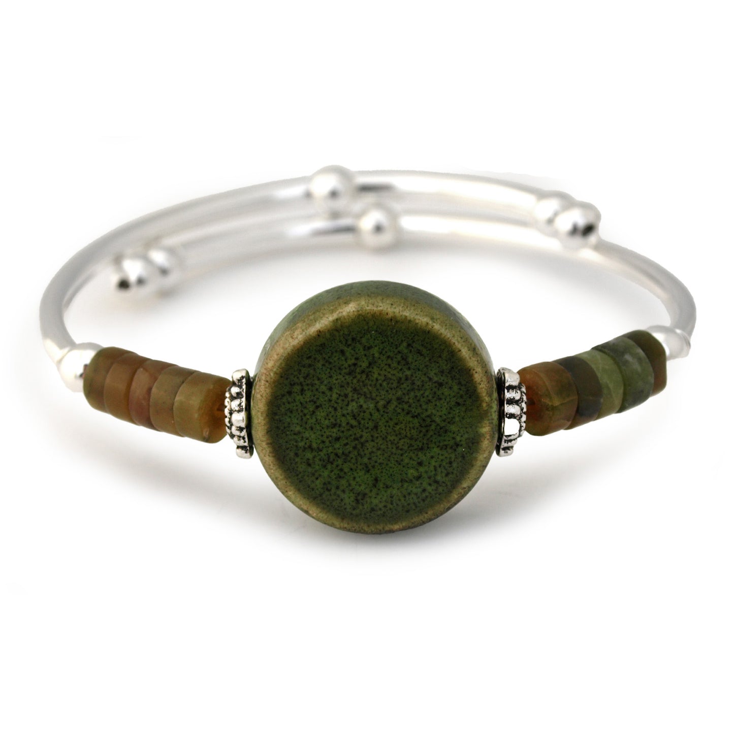 Silver bracelet with a green stone and brown beads on a white background
