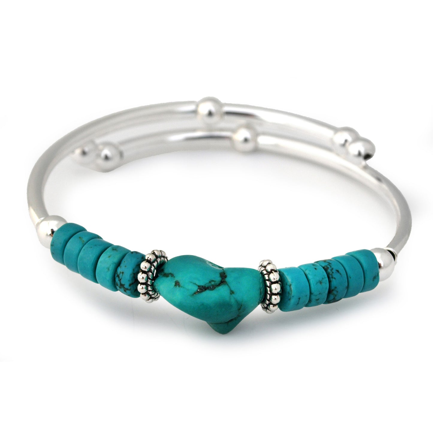 Silver bracelet with turquoise stone on a white background