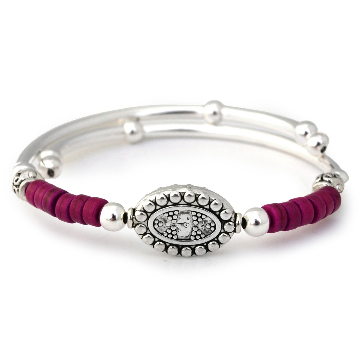 Silver bracelet with a purple cord on a white background