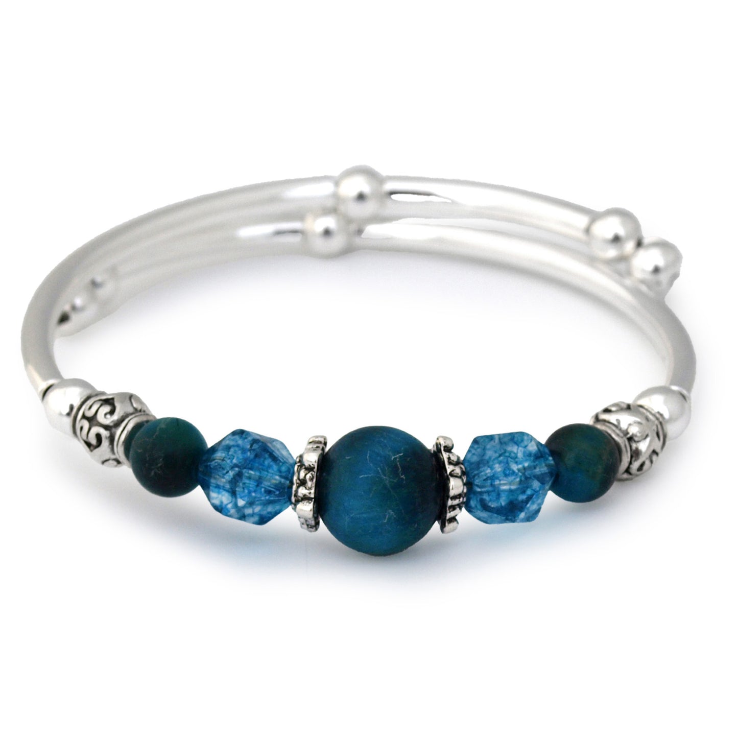 Silver bracelet with blue beads on a white background