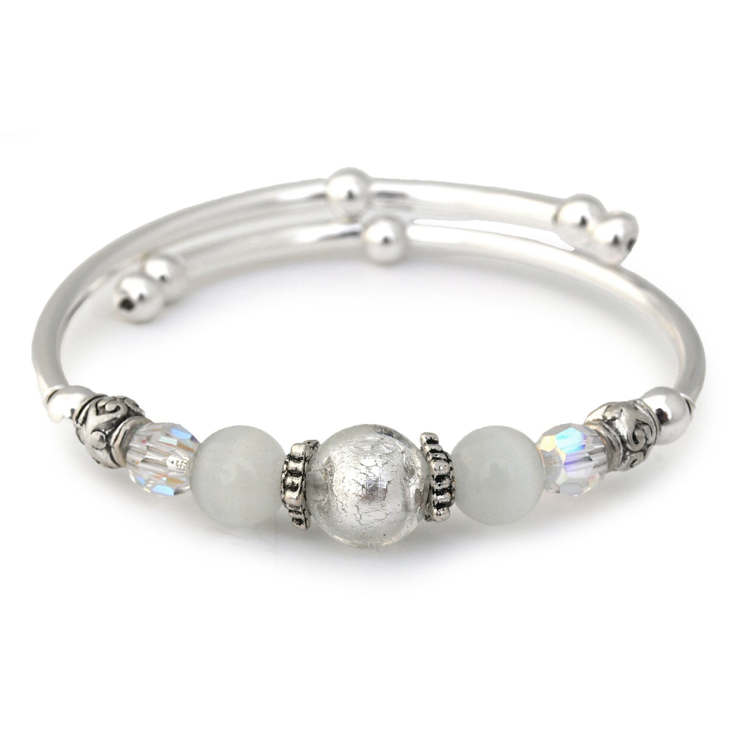 Silver bracelet with beads on a white background