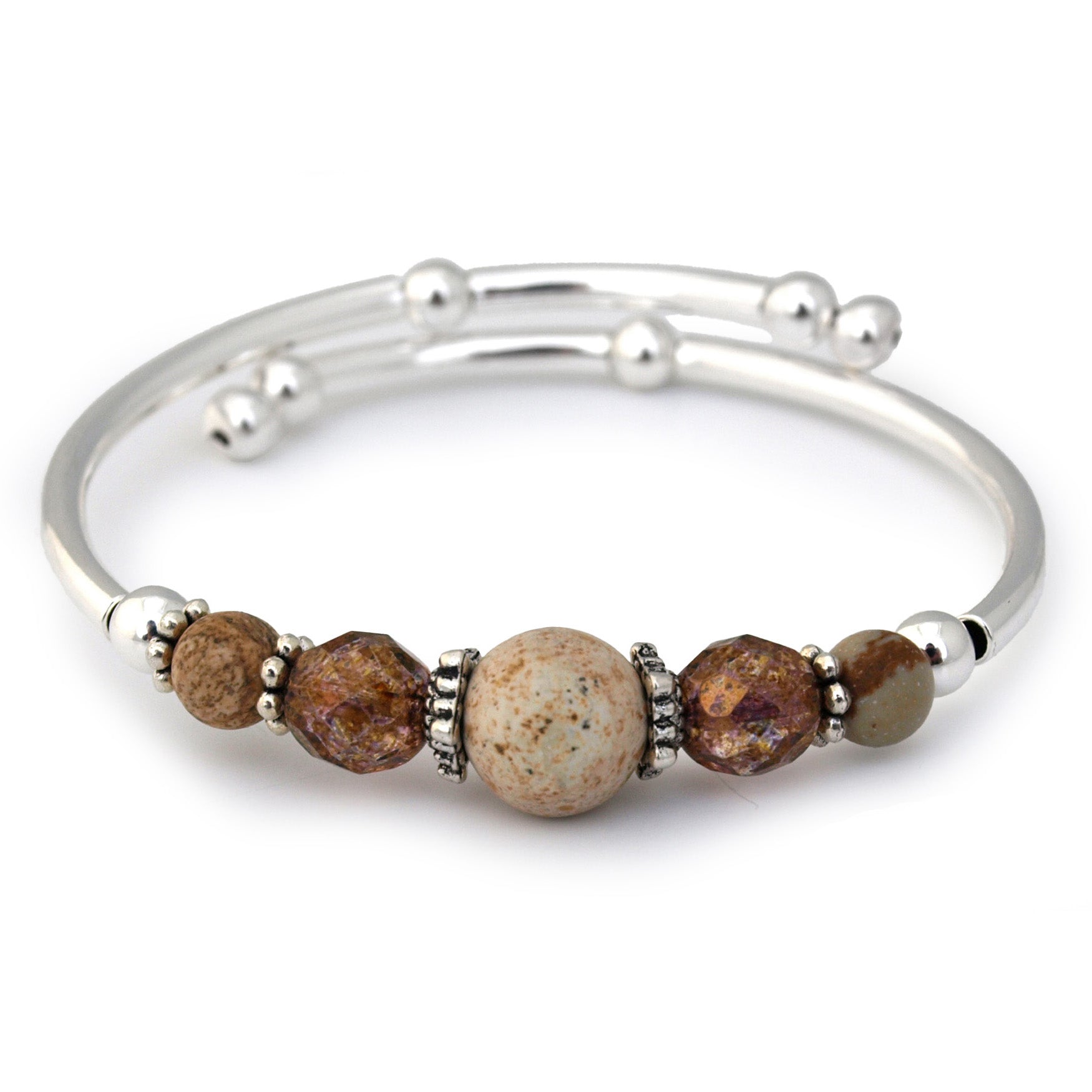 Silver bracelet with brown and beige beads on a white background
