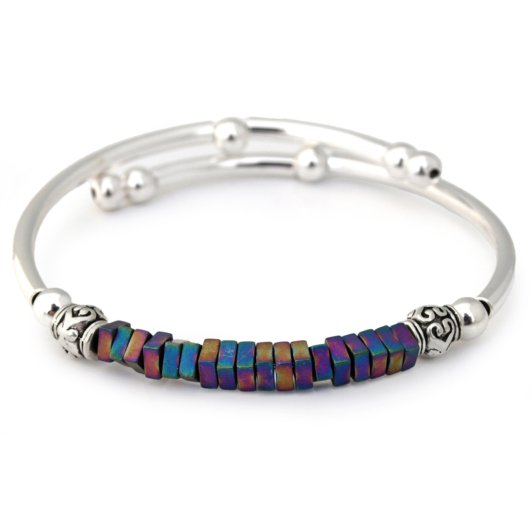 Silver bracelet with colorful square beads on a white background