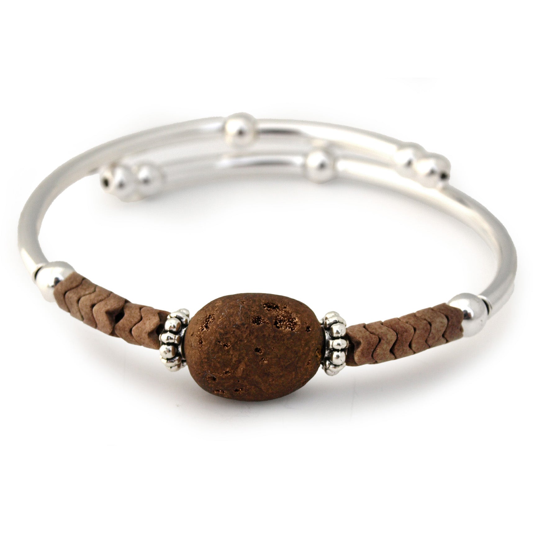 Silver bracelet with a large brown bead and smaller silver beads on a white background
