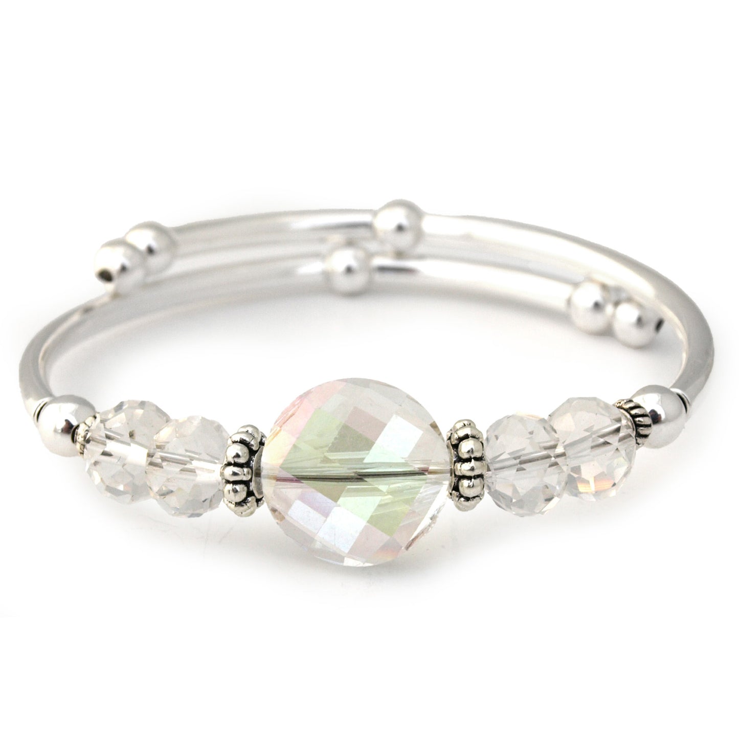 Silver bracelet with clear beads on a white background
