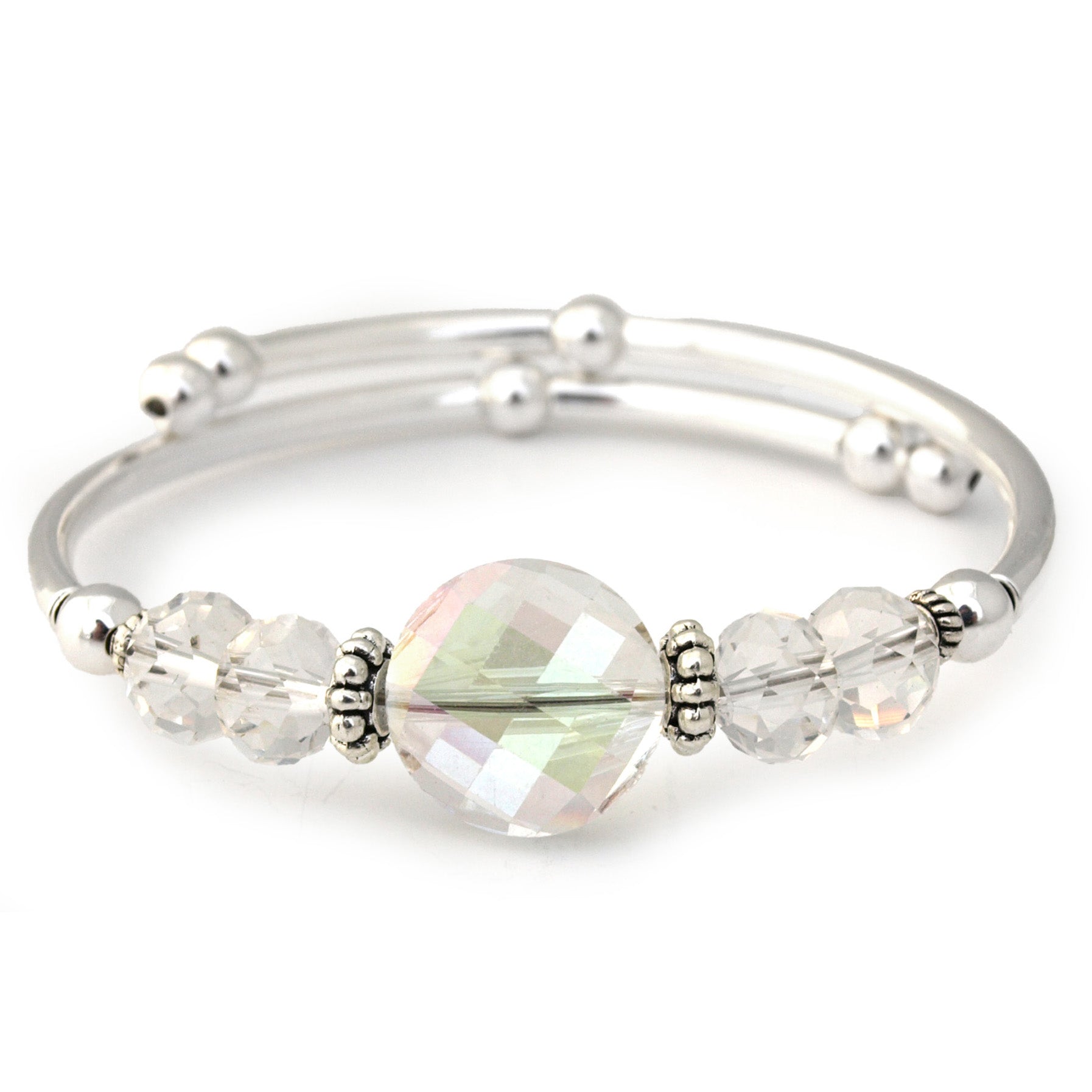 Silver bracelet with clear beads on a white background