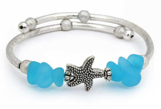 Aqua Nugget & Starfish Charm Sea Glass Bracelet