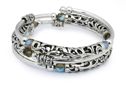 Andrea - Carved tube and Iridescent Smoke Crystal Bracelet