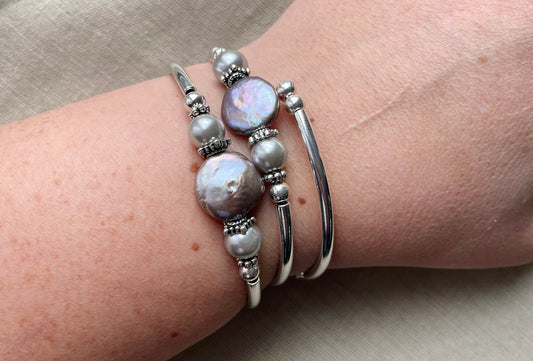 Silver Oyster - Silver Flat Coin Pearl Bracelet